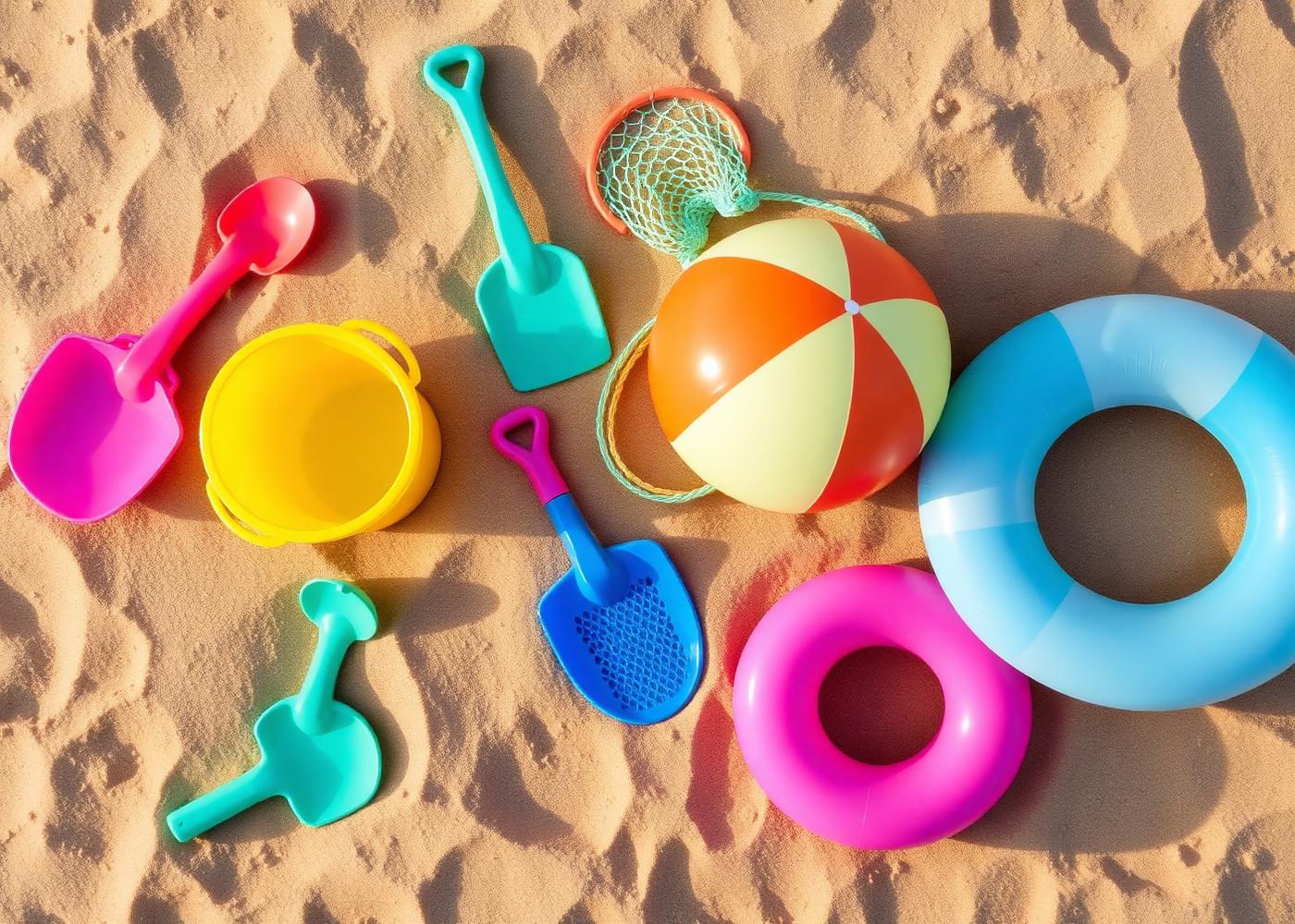 Colourful buckets, spades, beach ball and inflatable rings laid out on golden sand