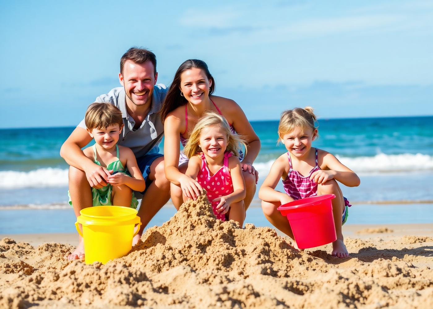 A family building a sandcastle with bright plastic buckets on a sunny Santa Monica beach