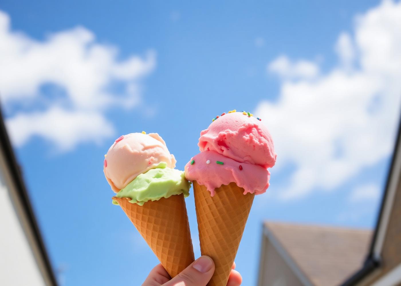 Two California farm cream ice cream cones held up against a bright blue sky