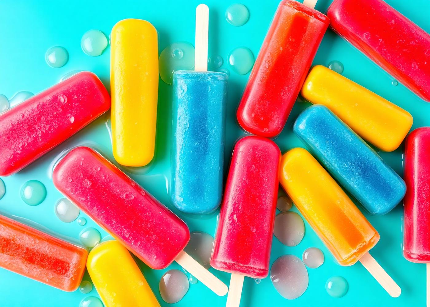 Rainbow-coloured ice lollies arranged on a bright turquoise background